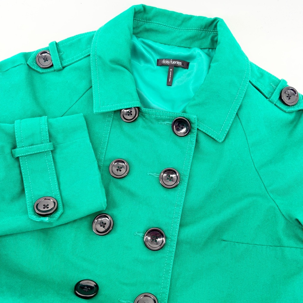 Daisy Fuentes Medium Emerald Green Double Breasted Short Trench Coat Jacket Chic - Picture 4 of 9